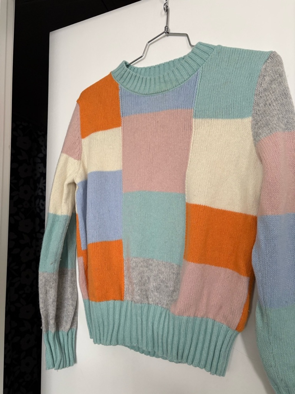 Pastel Patchwork Crewneck Sweater - Mint, Orange, Pink, Cream, Light Blue, Gray